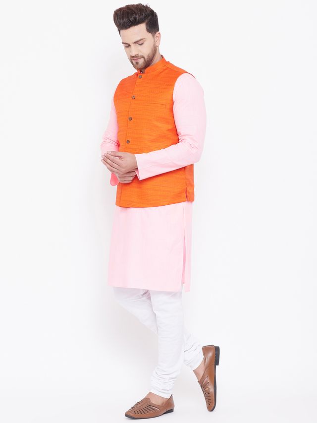 Men's Pink Cotton Blend Straight Jacket  Kurta and Pyjama Set