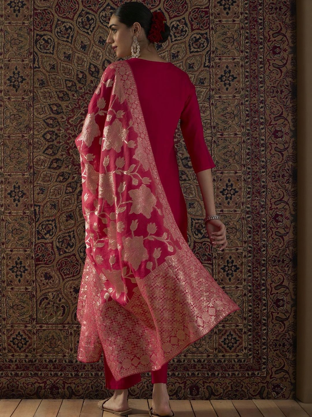 Ethnic Motifs Embroidered Straight Kurta With Trousers & Dupatta