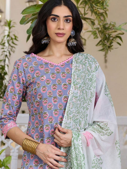 Women Floral Printed Regular Pure Cotton Kurta with Trousers & With Dupatta
