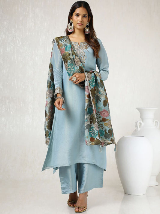 Dhiyona SO Women's Blue Paisley Embroidered Regular Beads Work Tissue Straight Kurta & Palazzo & Dupatta