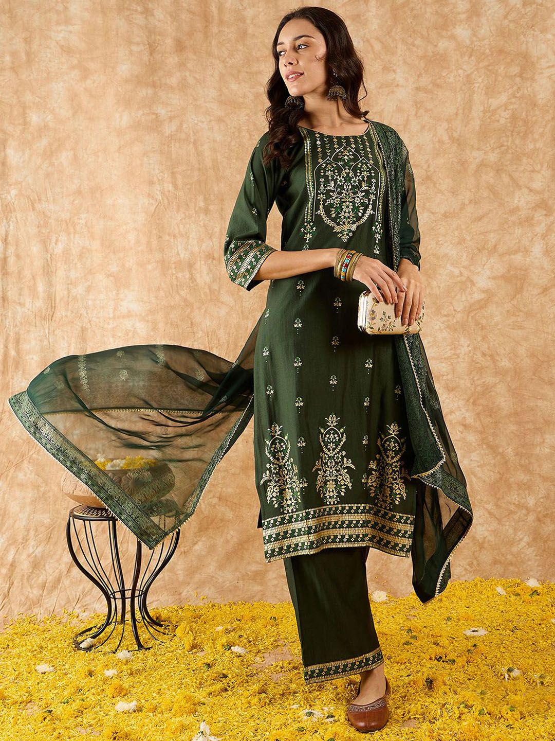 Ethnic Motifs Printed Straight Liva Kurta with Palazzos & Dupatta