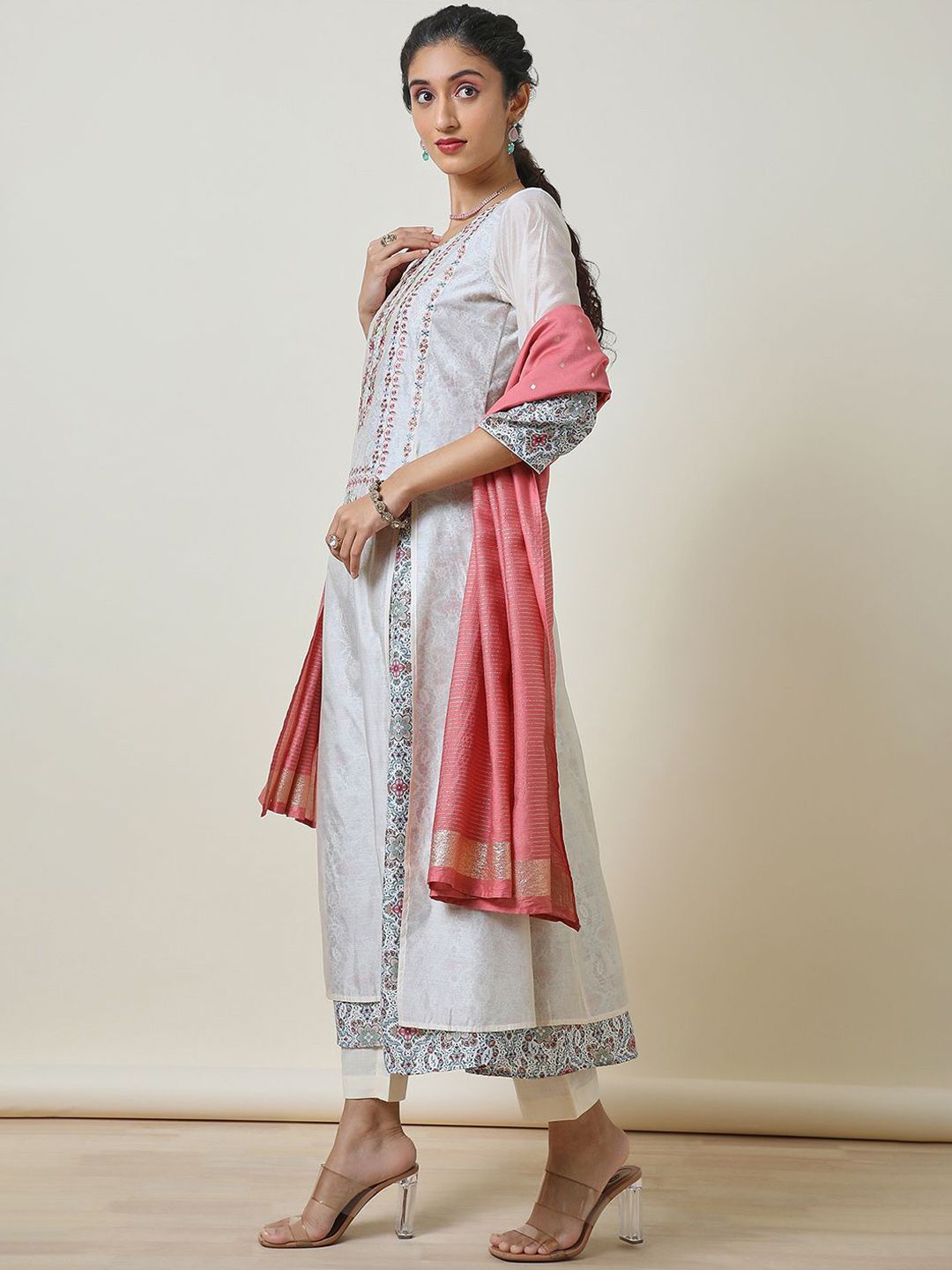 Dhiyona SO Women's Ethnic Motifs Embroidered Chanderi Silk A-Line Kurta with Trousers & With Dupatta