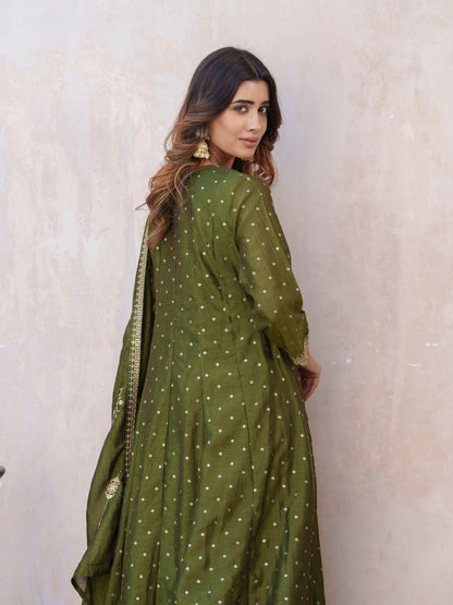 Dhiyona PD Women Bandhani Printed Panelled Anarkali Kurta With Trouser & Dupatta