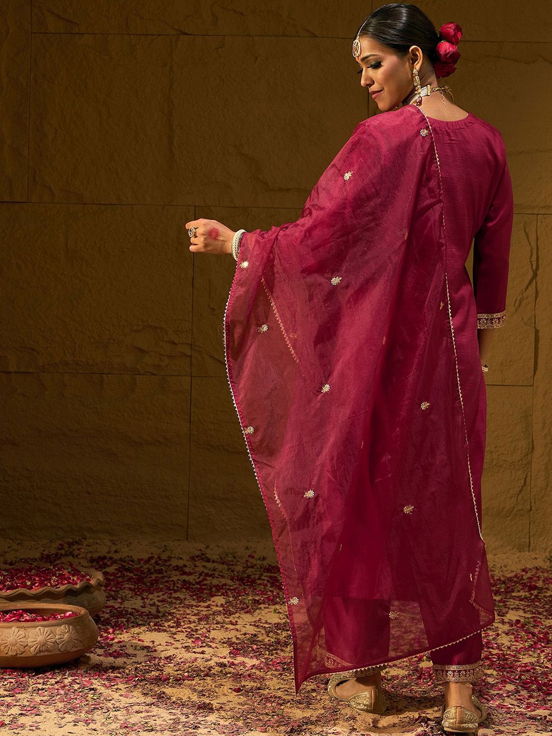 Maroon Ethnic Motifs Embroidered Straight Zari Kurta With Trousers & Dupatta