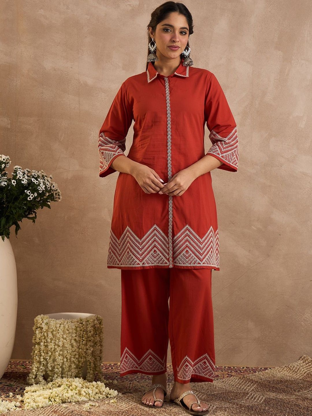 Geometric Embroidered A-Line Thread Work Pure Cotton Kurta With Palazzos
