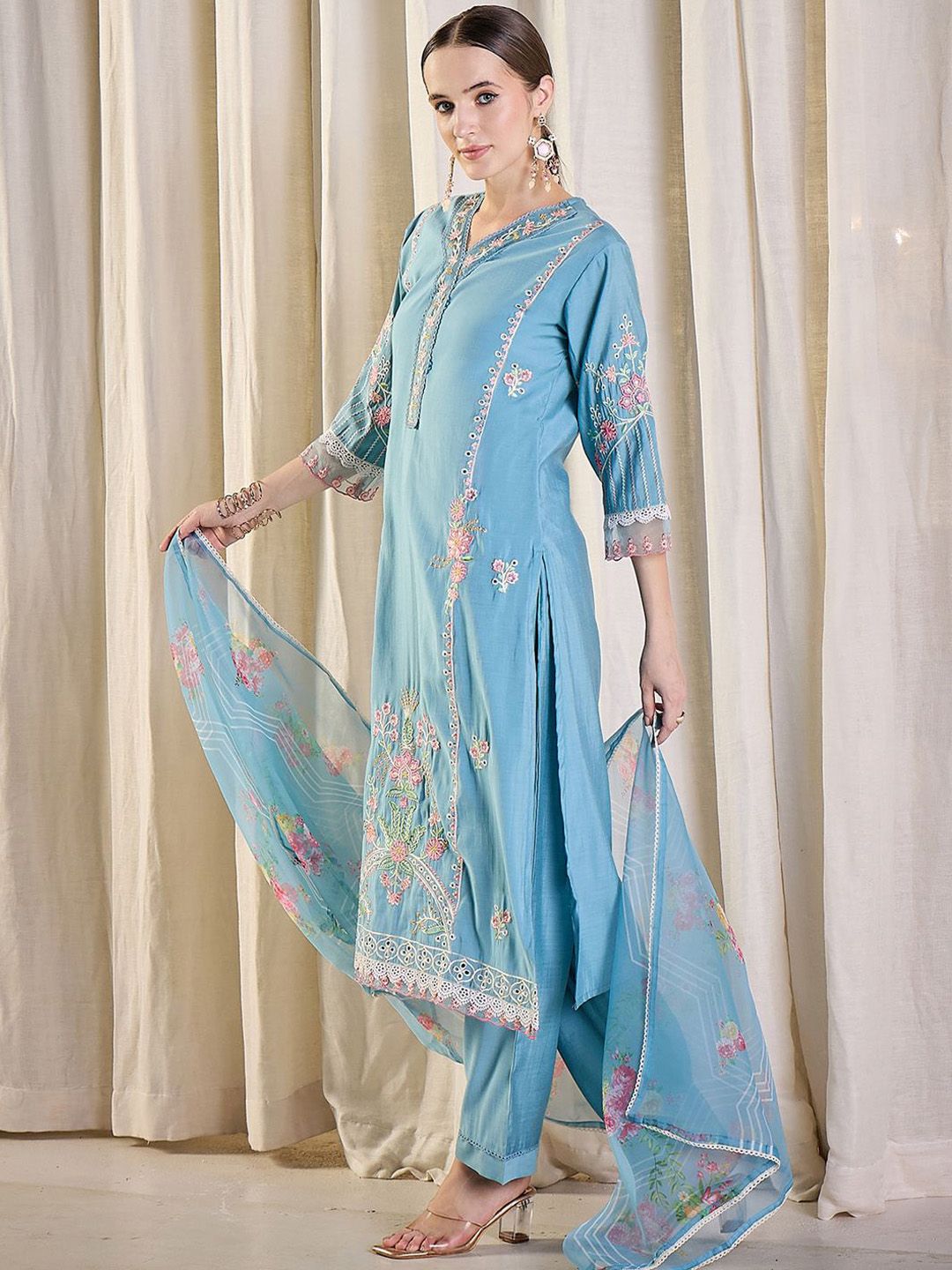 Floral Embroidered Thread Work Kurta With Trousers & Dupatta