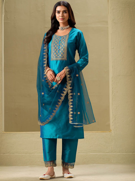 Dhiyona SN Women's Floral Embroidered Straight Kurta & Trousers With Dupatta