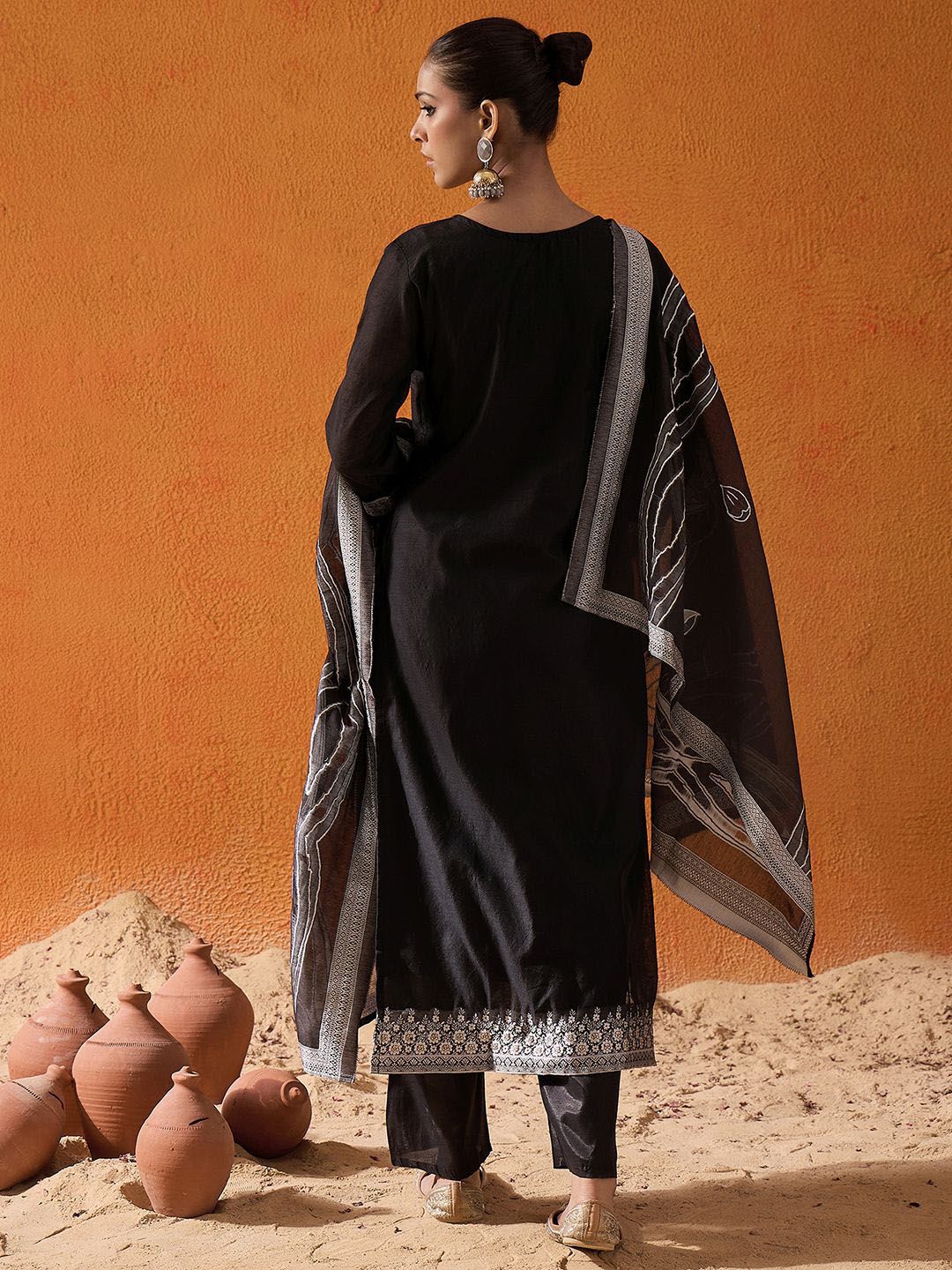 Floral Woven Design Thread Work Straight Kurta With Trousers & Dupatta