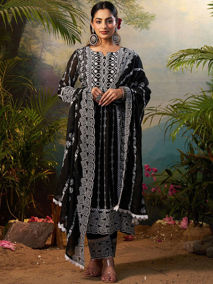 Women Floral Embroidered Cotton Kurta with Trousers & Dupatta