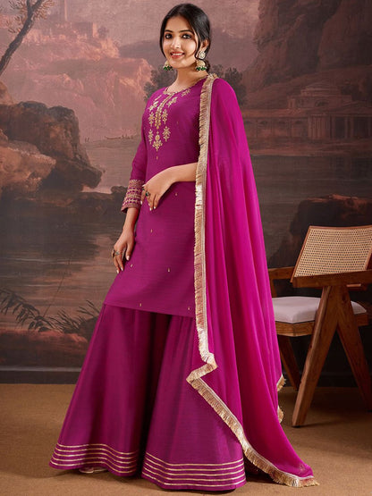 Dhiyona PD Women Floral Embroidered Straight Kurta & Sharara with Dupatta