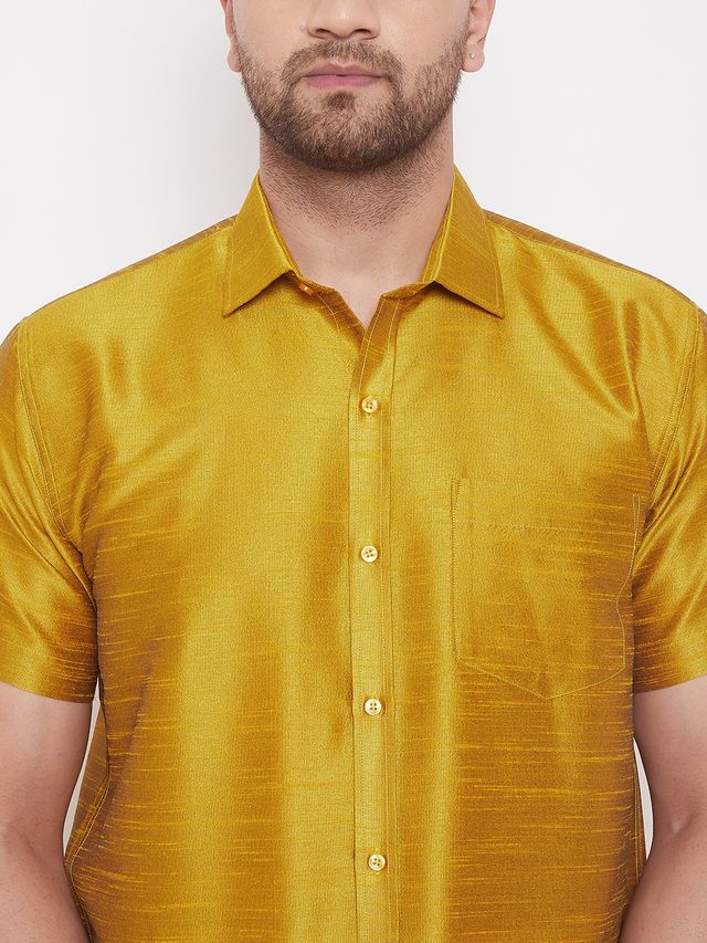 Men's Mustard Silk Blend Straight Shirt And Mundu