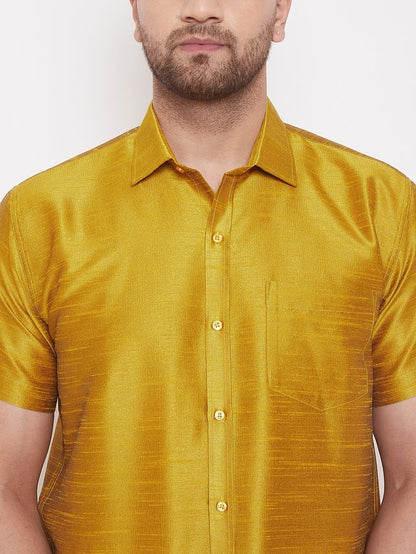 Men's Mustard Silk Blend Straight Shirt And Mundu