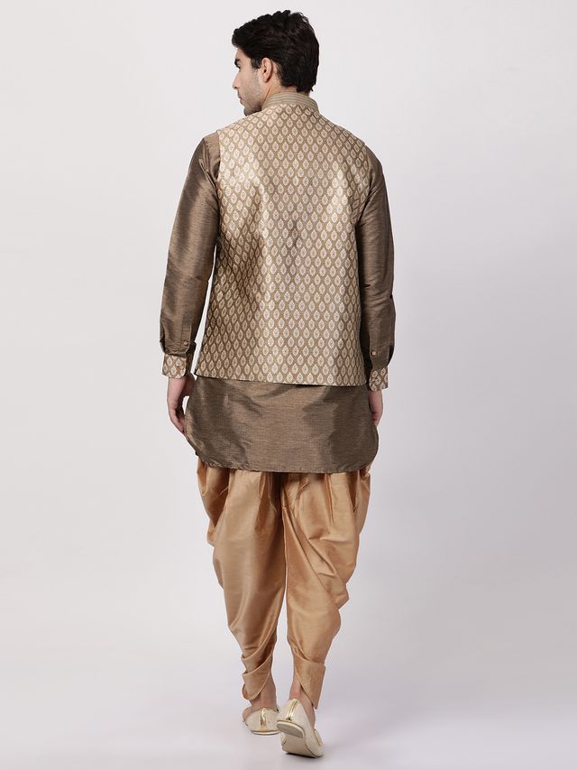 Men's Gold Silk Blend Straight Jacket  Kurta and Dhoti Set