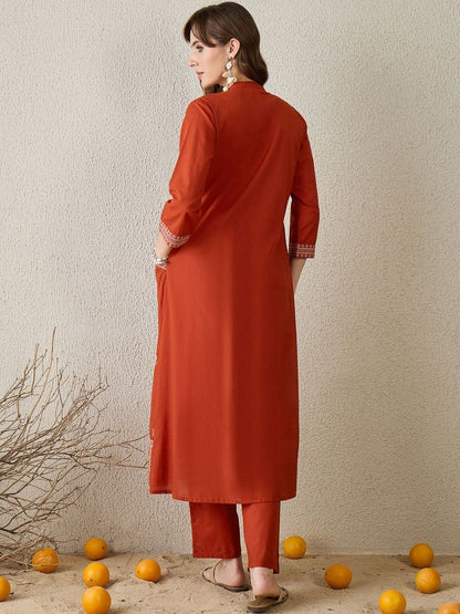 Women Ethnic Motifs Embroidered A-Line Cotton Kurta With Trousers