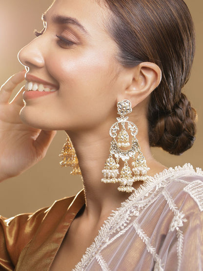 Dhiyona RJ Women's 22K Gold-Plated Kundan & Pearl Studded Oversized Dangle Jhumka Earrings
