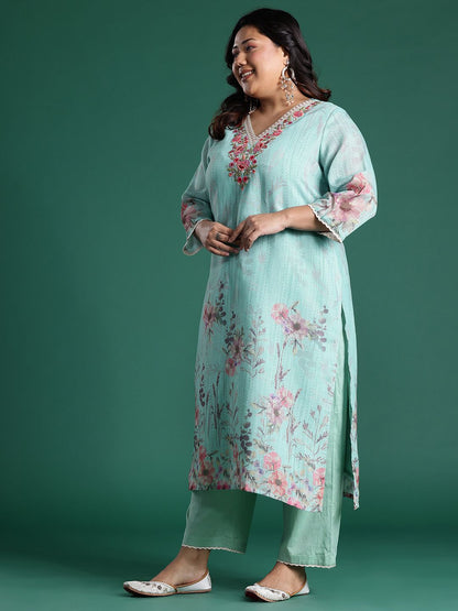 Plus Size Floral Print Regular Thread Work Kurta with Palazzos & Dupatta