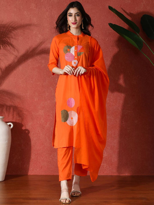 Dhiyona SN Women's Embroidered Pure Cotton Straight Kurta & Trousers With Dupatta