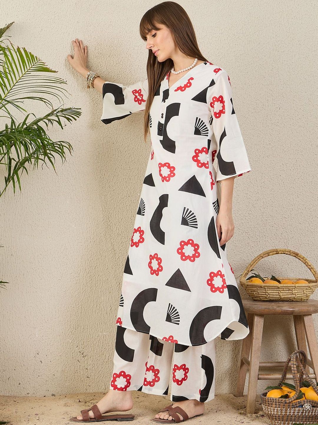 Geometric Printed A-Line Pure Cotton Kurta With Palazzo