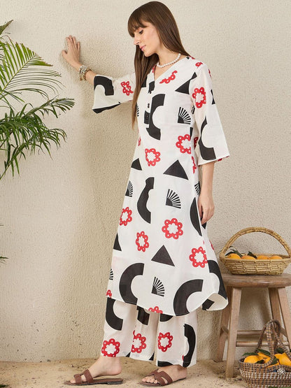 Geometric Printed A-Line Pure Cotton Kurta With Palazzo