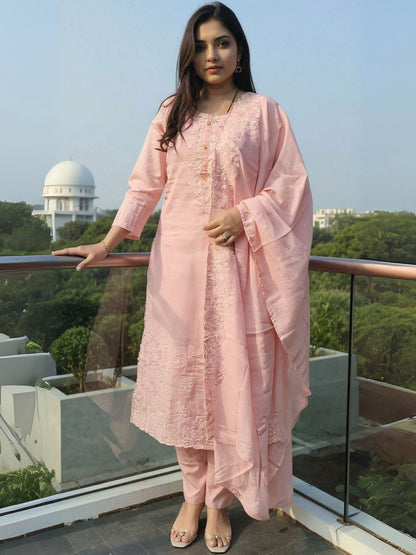 Women Floral Embroidered Cotton Kurta with Trousers & Dupatta