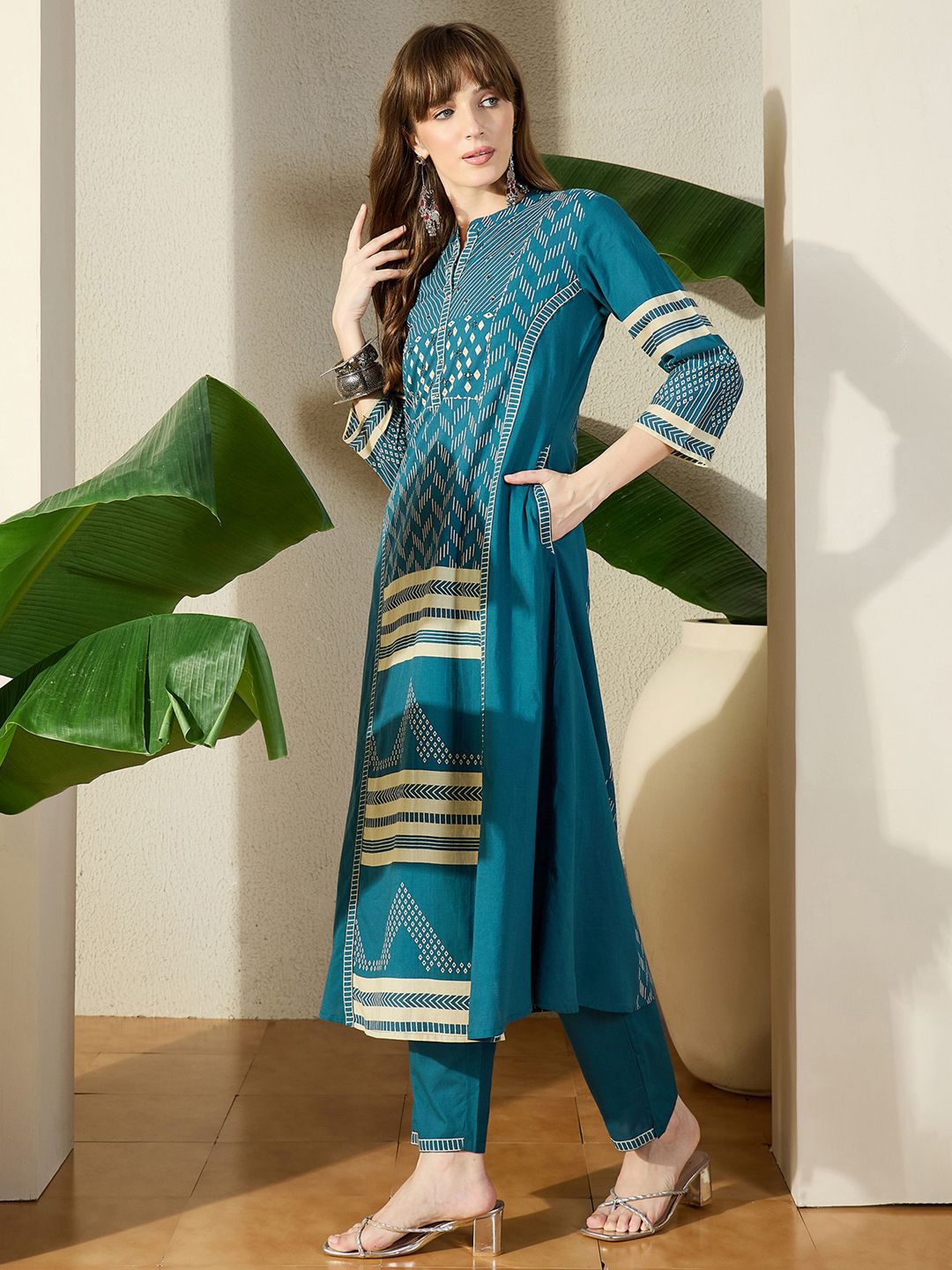 Dhiyona IE Geometric Printed Pure Cotton Top With Trousers Co-Ords