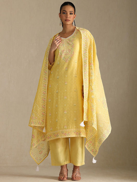Dhiyona SO Women's Floral Embroidered V-Neck Chanderi Cotton Straight Kurta With Palazzos & Dupatta