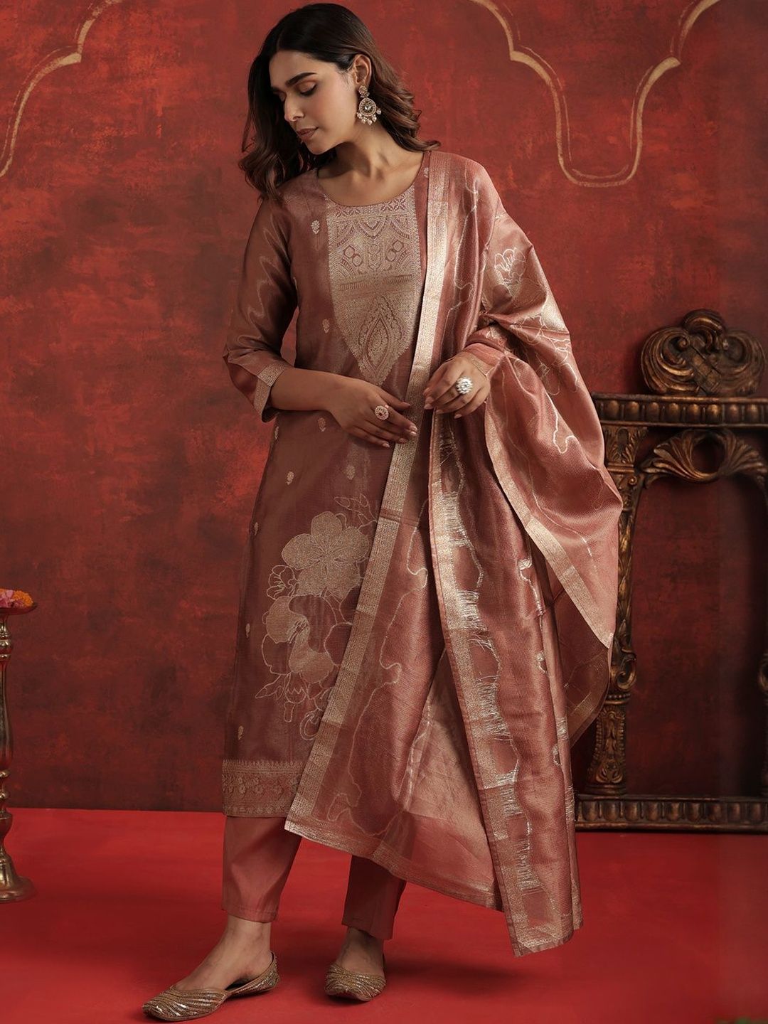 Floral Woven Design Round Neck Straight Kurta With Trousers & Dupatta