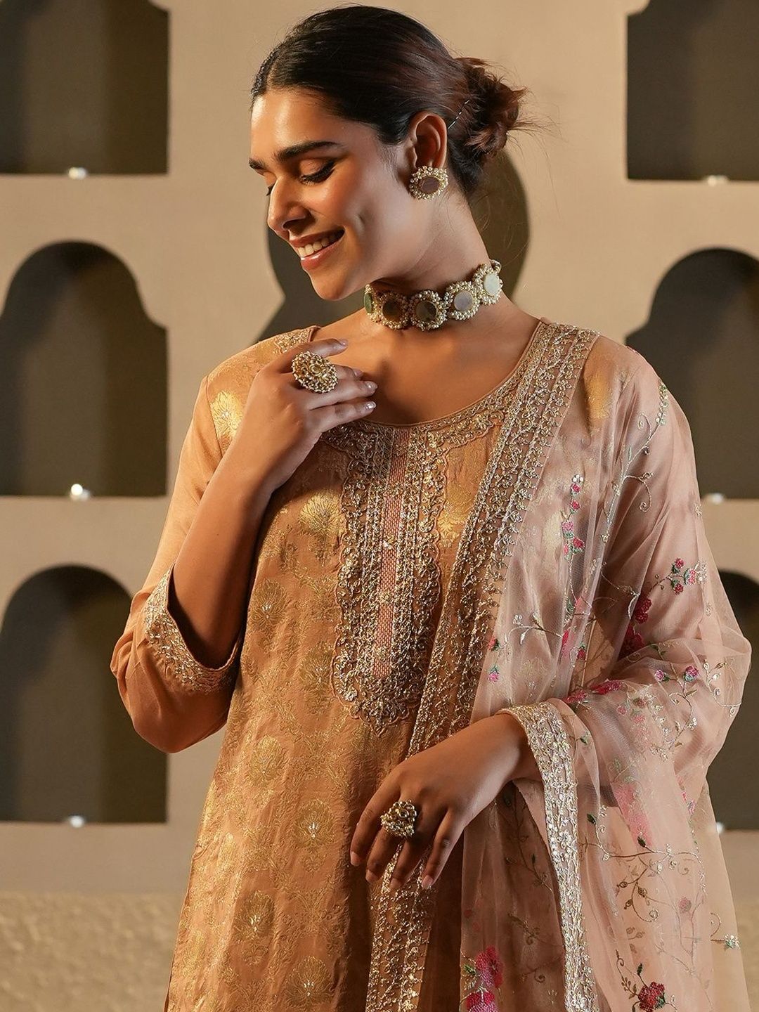 Ethnic Motifs Woven Design Zari Round Neck Straight Kurta & Trousers With Dupatta