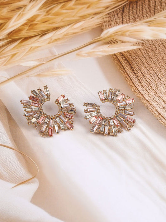 Dhiyona RJ Women's 18K Gold-Plated Multi-Stone Studded Radiant Fan-Shaped Statement Stud Earrings