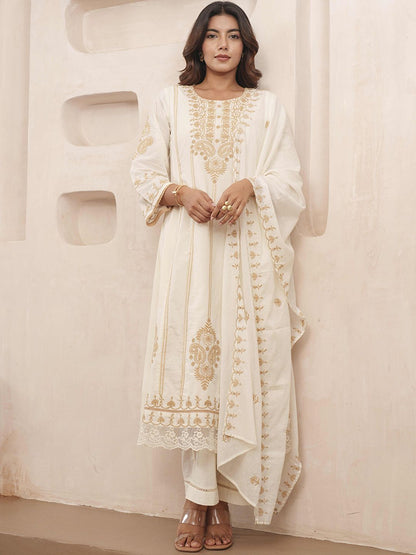 Dhiyona PD Women Floral Embroidered Pure Cotton Kurta & Trousers With Dupatta