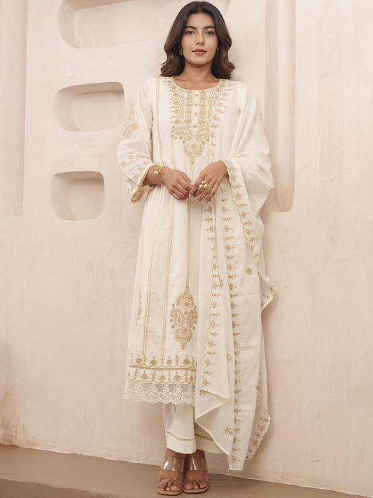 Dhiyona PD Women Floral Embroidered Pure Cotton Kurta & Trousers With Dupatta