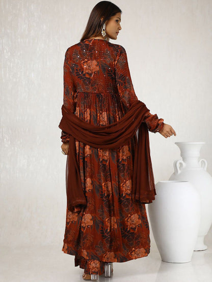 Dhiyona SO Women's Floral Printed Mirror Work Anarkali Kurta with Sharara & With Dupatta