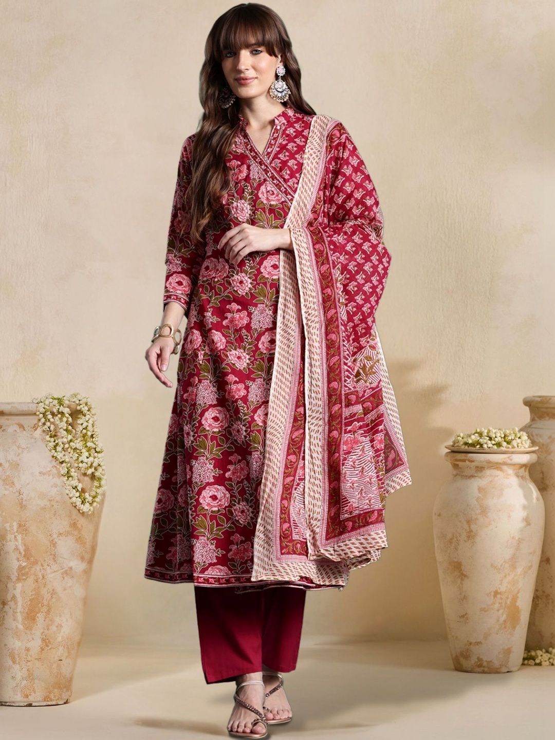 Dhiyona IE Women Floral Printed Angrakha Pure Cotton Kurta with Trousers & With Dupatta