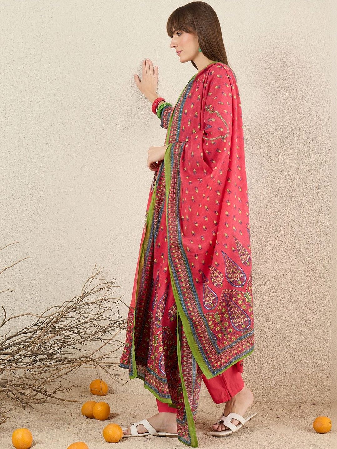 Women Ethnic Motifs Printed Panelled Pure Cotton Kurta with Trousers & With Dupatta