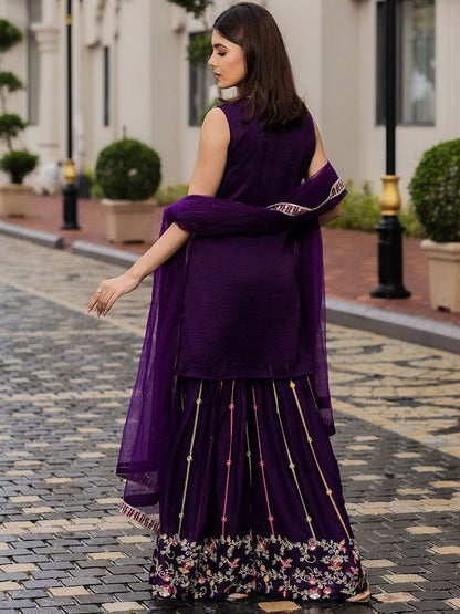 Dhiyona CH Women Floral Embroidered Kurta with Sharara & Dupatta