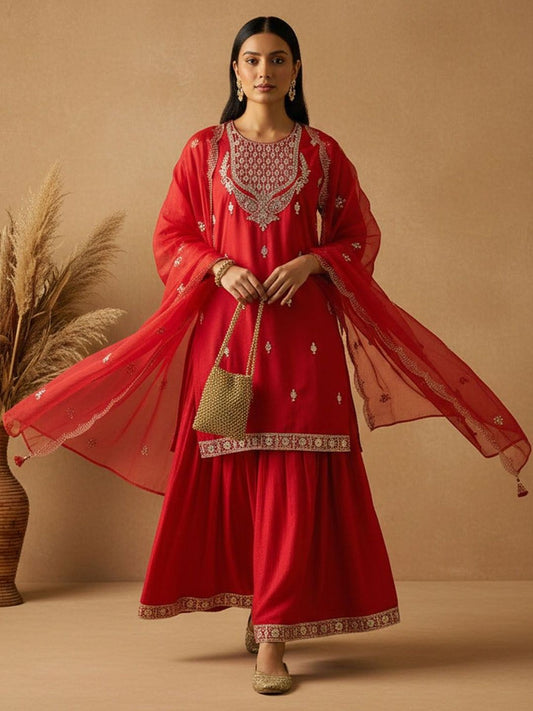 Dhiyona AN Women Ethnic Motifs Embroidered Regular Thread Work Kurta with Sharara & With Dupatta