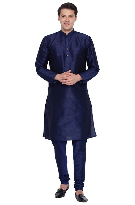 Men's Dark Blue Silk Blend Straight Kurta Pyjama Set