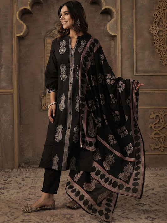 Women Ethnic Motifs Embroidered Thread Work Cotton Kurta with Trousers & Dupatta