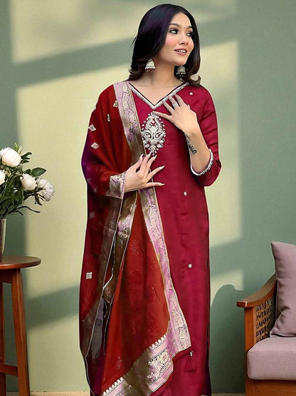 Dhiyona SN Women's Embroidered Pure Cotton Straight Kurta Pyjama & Dupatta Kurta Set