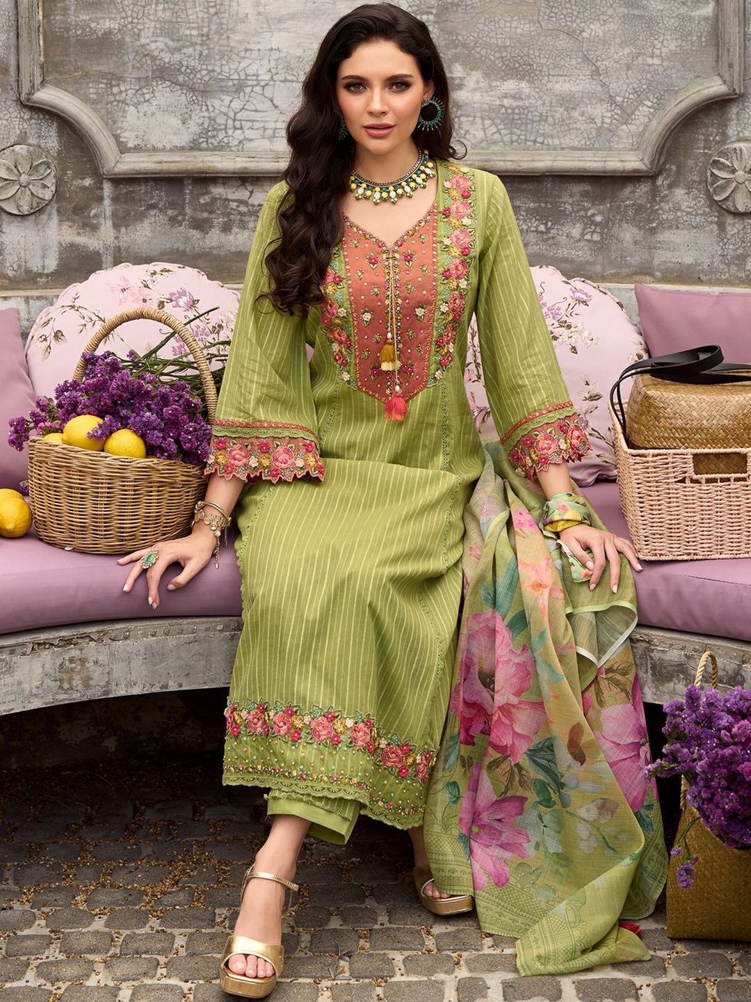 Women Floral Embroidered Cotton Kurta with Trousers & Dupatta