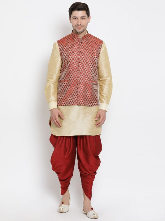 Men's Rose Gold Silk Blend Straight Jacket  Kurta and Dhoti Set
