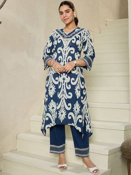 Floral Printed V-Neck Pure Cotton Kurta with Trousers