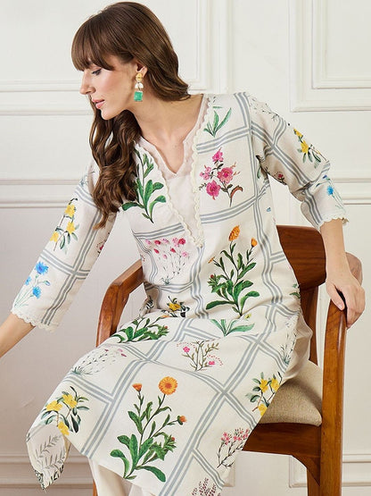 Women Floral Printed Regular Linen Kurta with Trousers
