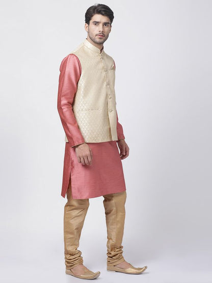 Men's Pink Silk Blend Straight Jacket  Kurta and Pyjama Set