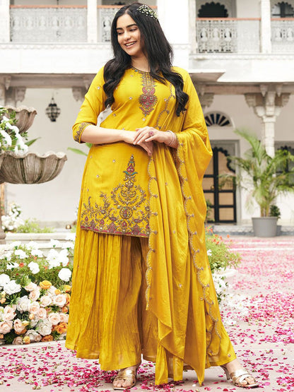 Dhiyona CH Embroidered Round Neck Chinon Sequinned Kurta With Palazzos & Dupatta