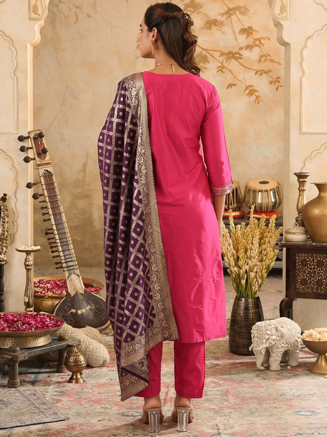 Embroidered Sequinned Kurta With Trousers & Dupatta