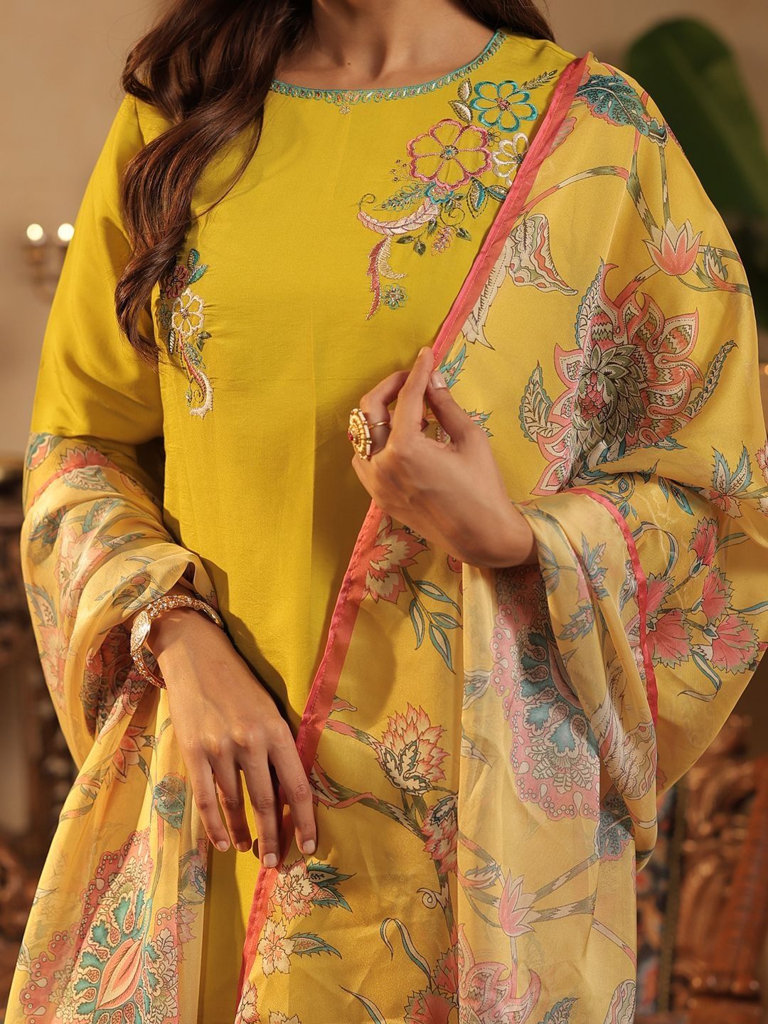 Floral Embroidered Thread Work Kurta With Trouser & Dupatta