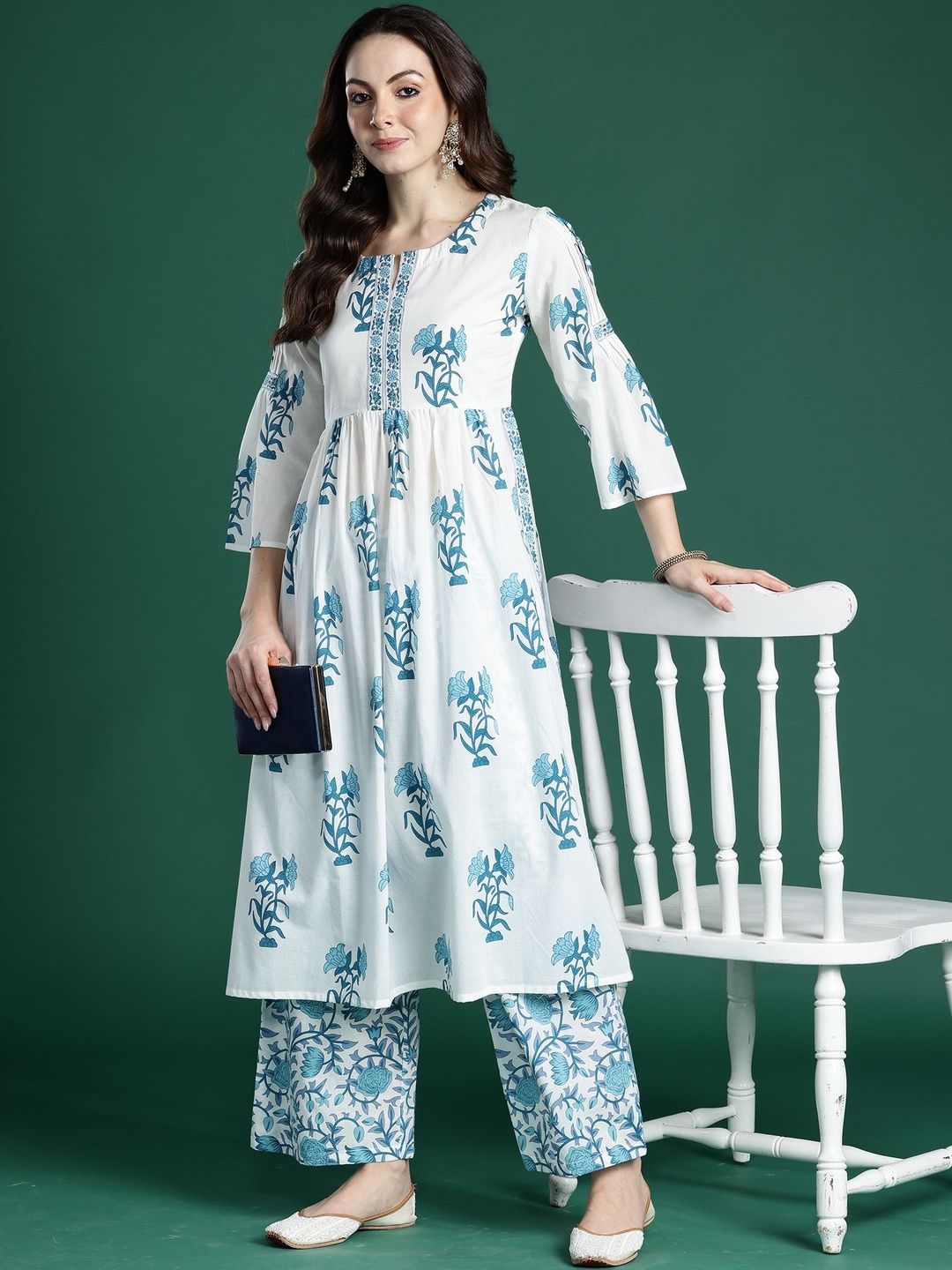 Women Floral Printed Cotton A-Line Kurta with Palazzos