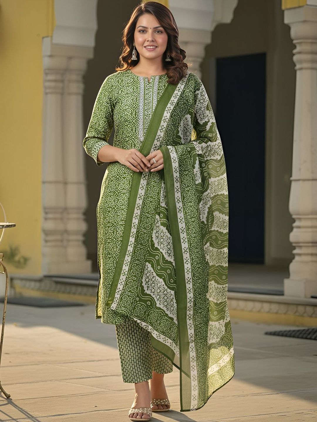 Dhiyona IE Women Ethnic Motifs Printed Regular Thread Work Pure Cotton Kurta with Trousers & With Dupatta