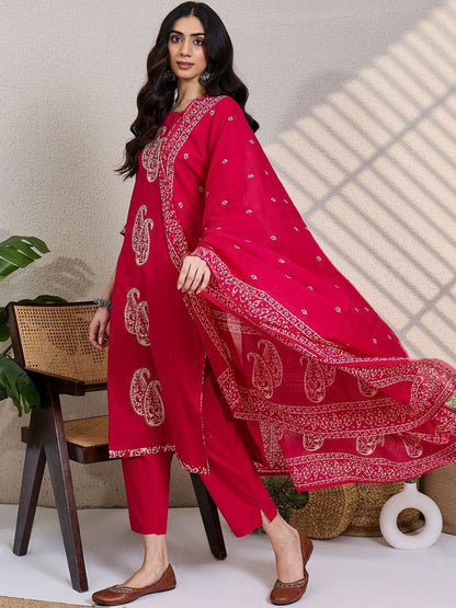Paisley Printed Thread Work Pure Cotton Kurta With Trousers & Dupatta